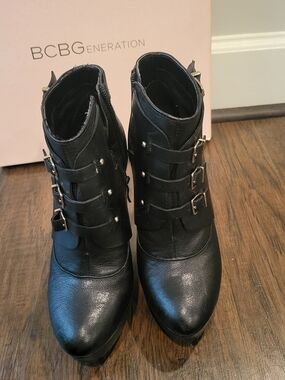 BCBG Black Leather Buckle Ankle Boots